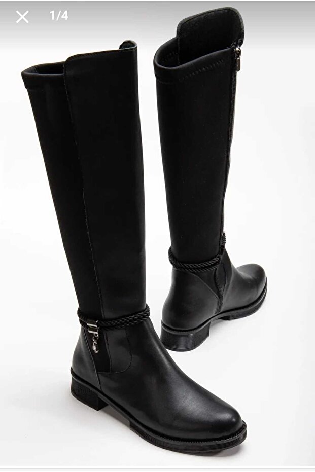 Women's Black Boots Diving Fabric Knee-High Rope Stylish and Comfortable K401