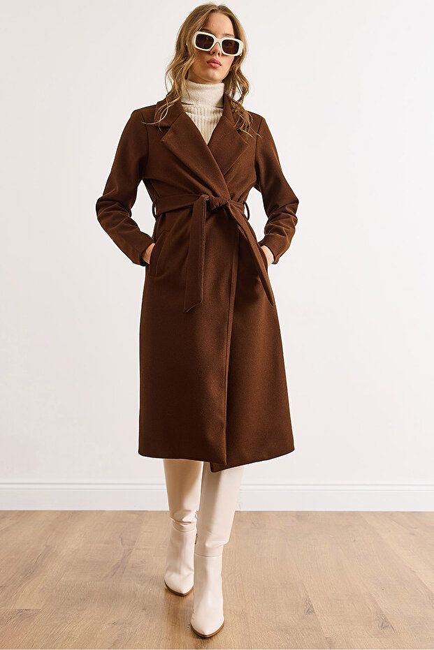 Women's Bitter Brown Belted Lined Premium Cashmere Coat with Pockets Kbn-19000013