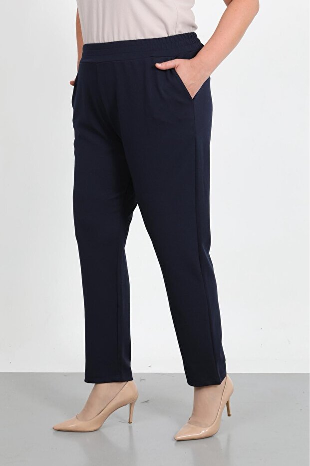 Women's Navy Blue Tight-Leg Trousers with Elastic Waist