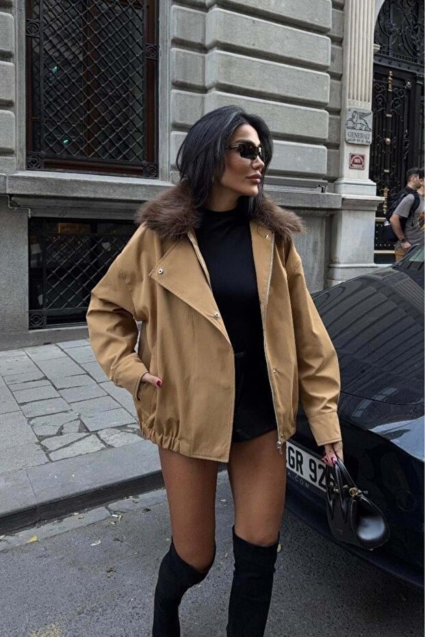Fur Collar Bomber Women's Jacket - Tan