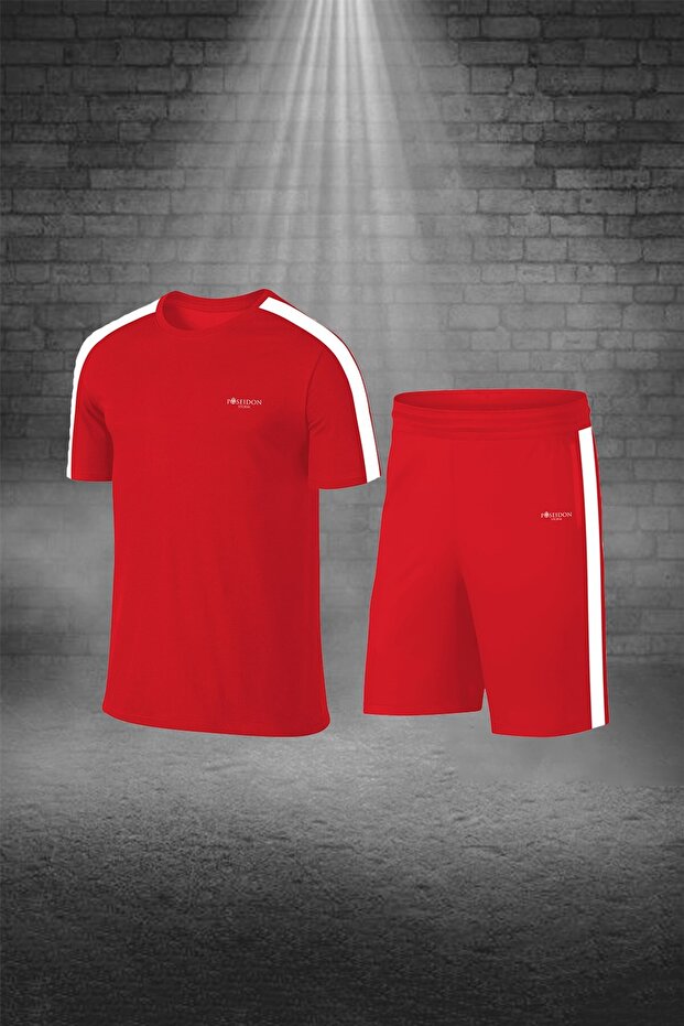 Men's Red Dri-Fit Pocket Unprinted Crew Neck Athlete T-Shirt Shorts Bottom Top Two-Piece Set (S -3Xl)
