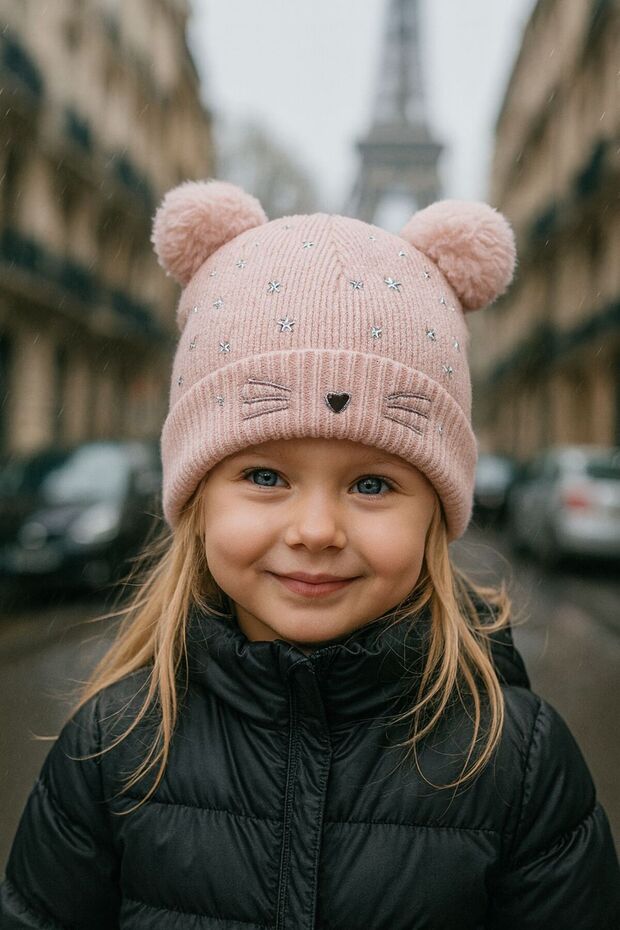 Pink Cat Figure Embroidered Pompom Girl's Beret 3-7 Years Old
