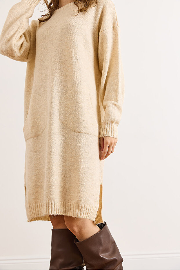 Kadın Ekru Kanguru Cepli Yırtmaçlı Triko Tunik Elbise ELB-19002550 - 4