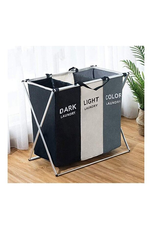 3-Section Laundry Basket Black/White/Grey 137Liters