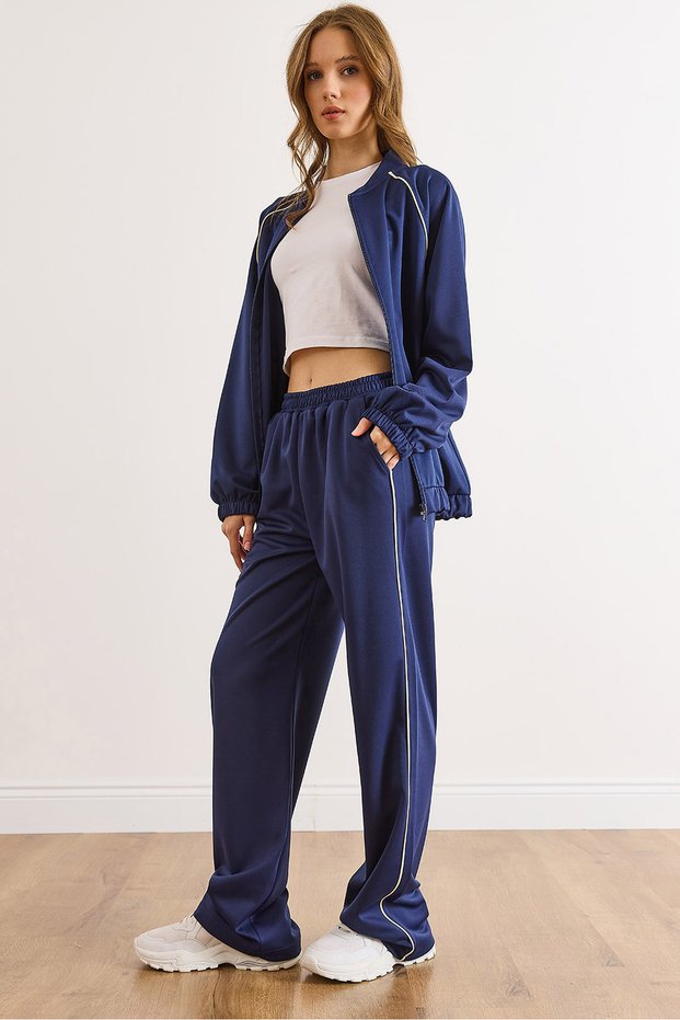 Women's Navy Blue Striped Detail Bottom and Top Tracksuit Set Etkm-0000089