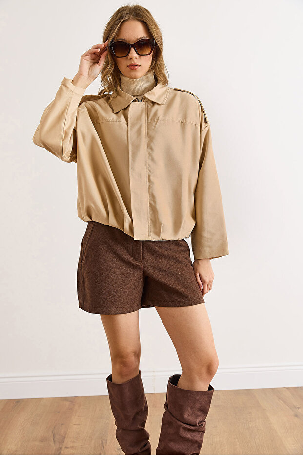 Women's Stone Lined Skirt Pleated Oversized Suede Jacket Ckt-19000494