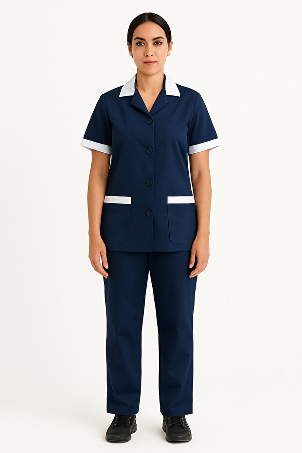 Professional Housekeeping Uniform with Buttons and Contrast Trim
