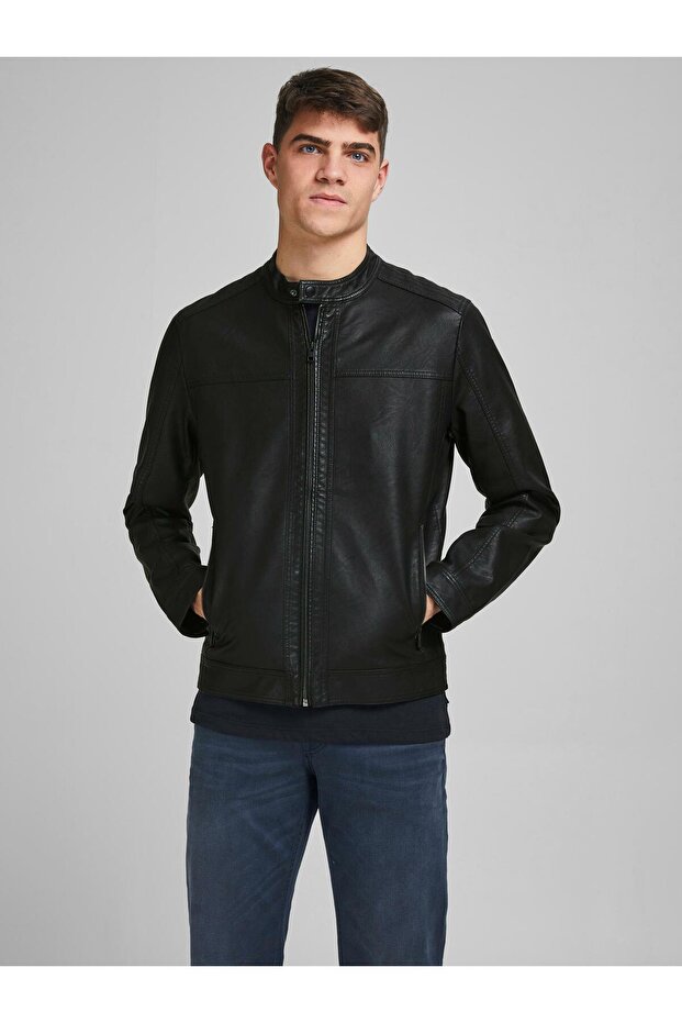 Essentials Jjewarner Regular Fit Zippered Faux Leather Coat Men's Leather Coat 12182461