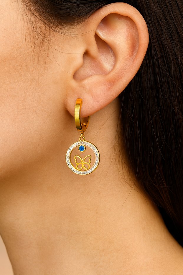 Steel Earrings with Butterfly and Evil Eye Bead Detail