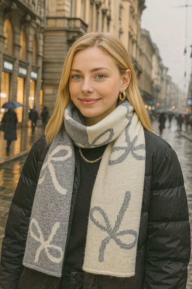 Gray Ecru Double-Sided Patterned Knitwear Wool Women's Shawl Scarf