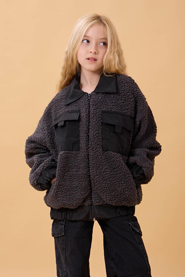 Girl's Shirt Collar Pocket Plush Winter Coat Anthracite