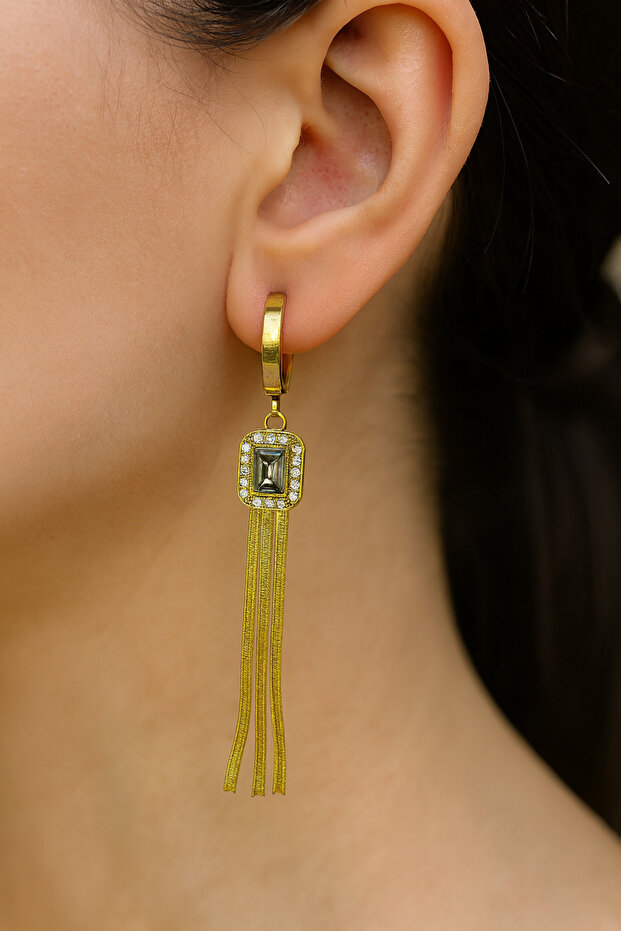 Baguette Stone Italian Chain Dangle Steel Earrings