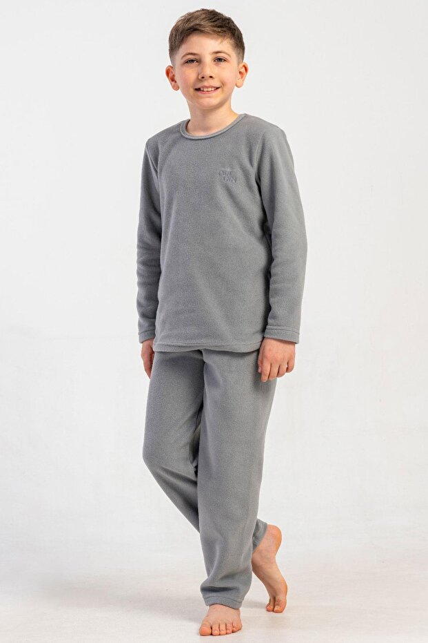 Boy's Grey Color Long Sleeve Fleece Pajama Set C1T0N0205