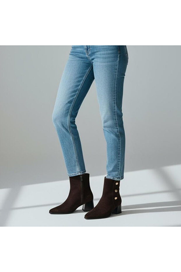 Brown Suede Genuine Leather Gold Button Detailed Women's Pointed Toe Boots