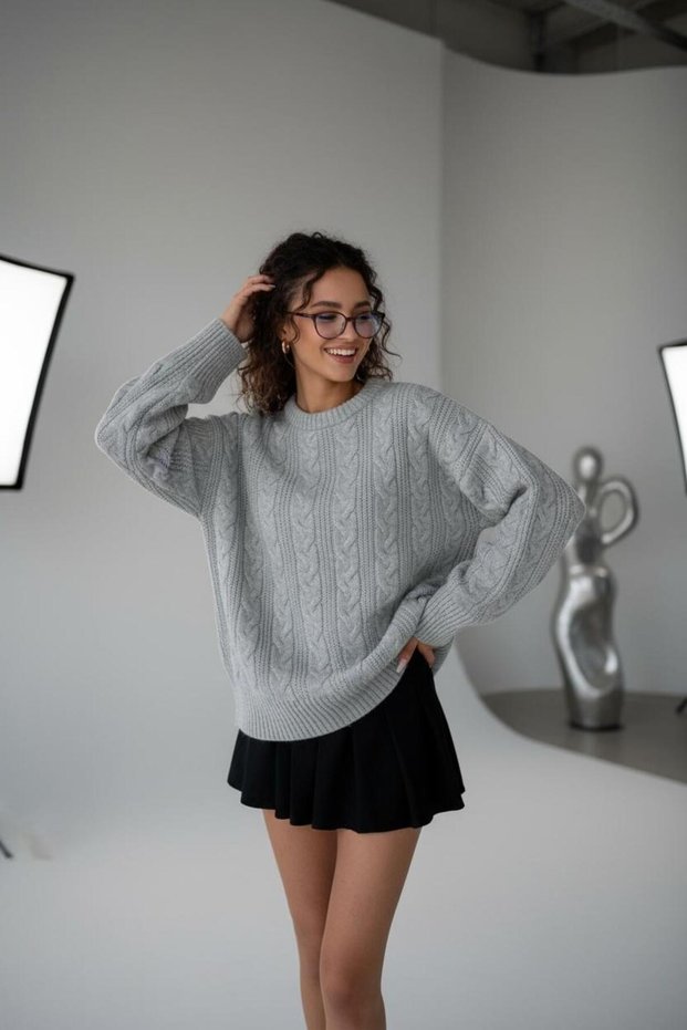 Women's Oversized Knitwear Sweater - Soft Textured Crew Neck with Hair Braid Detail