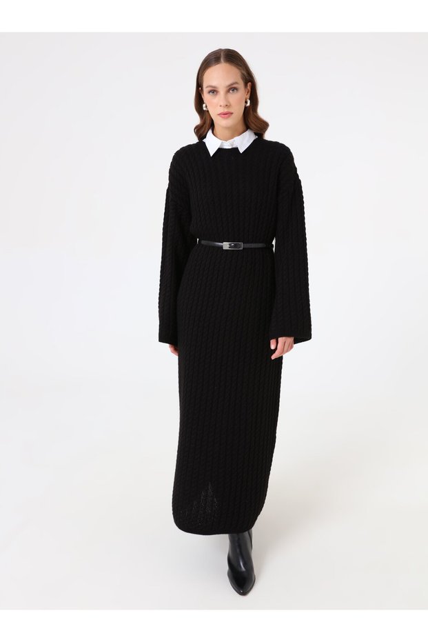 Knitwear Hijab Dress with Hair Braid Detail - Black -