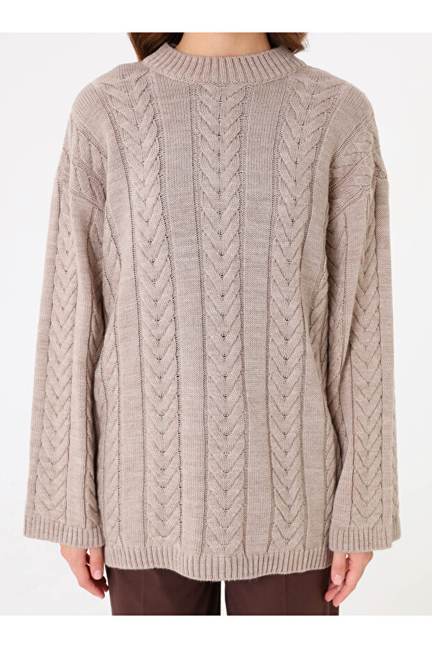 Saç Örgü Detaylı Basic Triko Kazak - Vizon - - 3