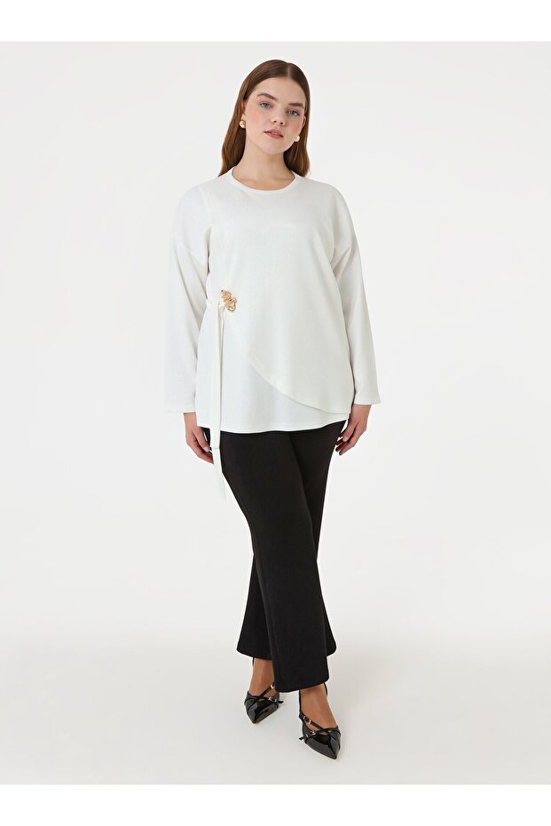 Side Tie Detail Blouse&Pants Plus Size Set - Black Ecru -