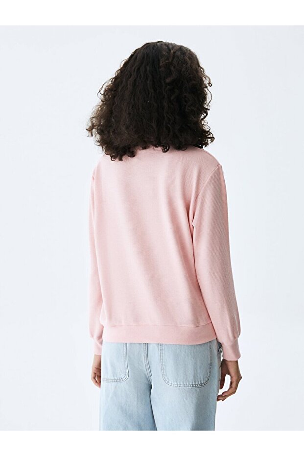 Uzun Kollu Bisiklet Yaka Basıc Pembe Sweatshırt - 3