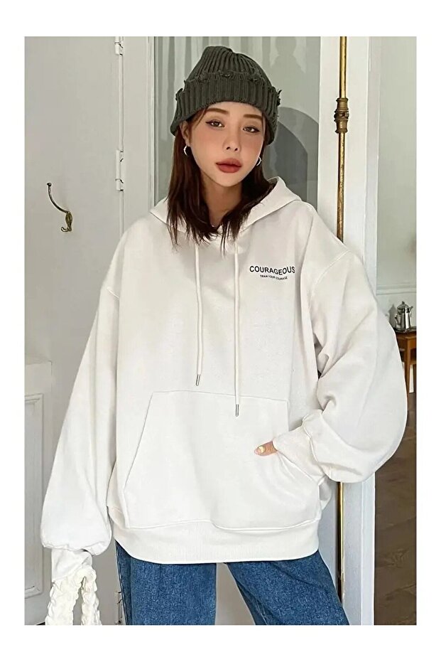 Star Printed Kangaroo Pocket Hooded White Color Unisex Sweatshirt