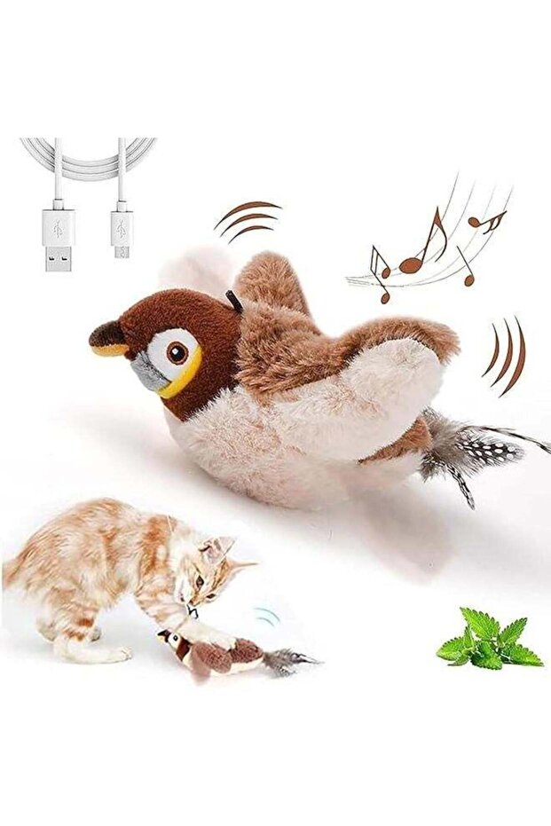 Flying Bird Flapping Cat Toy - Simulated Chirping, Catnip Plush (Brown) - 1