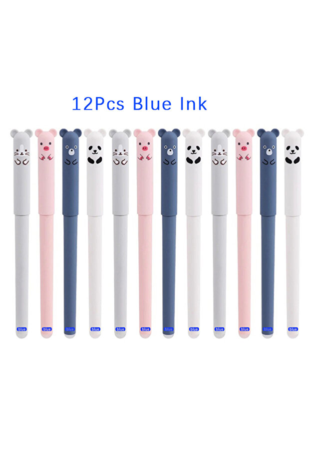 12pcs blue ink 12pcs Animals Panda Erasable Gel Pen 0.5mm Blue Black Erasable Pen Refills Rods Washa