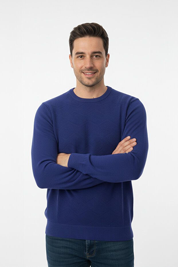 Men's Crew Neck Patterned Knit Sweater | 70% Cotton