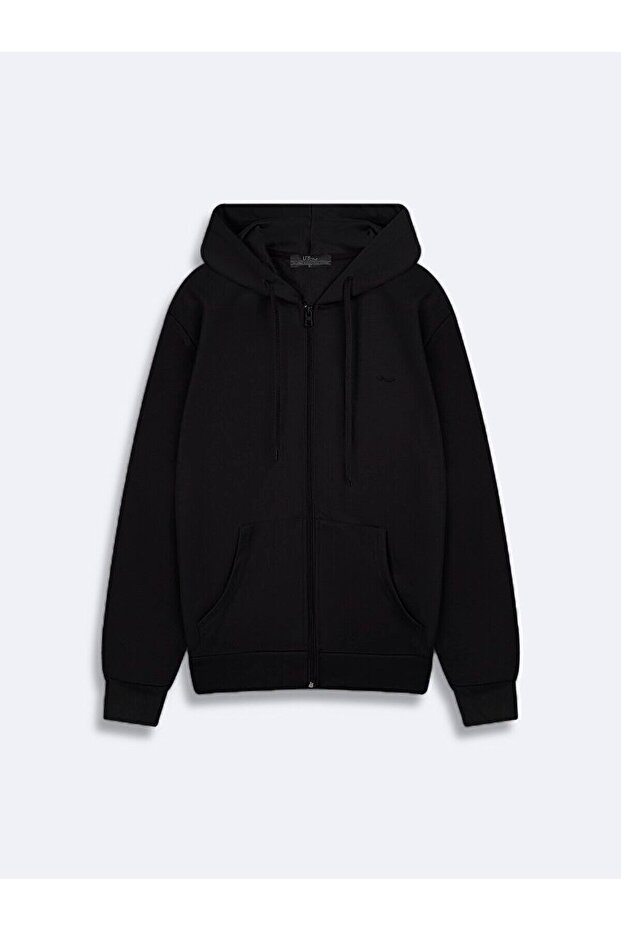 Kapüşonlu Fermuarlı Cepli Basıc Siyah Sweatshırt - 1