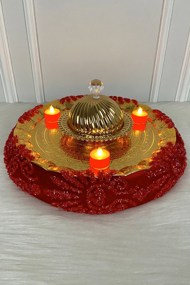 Red Henna Night Bridal Tray, Luxurious Imported Velvet and Glass Bead Applique, Bride Wedding Circumcision Promise