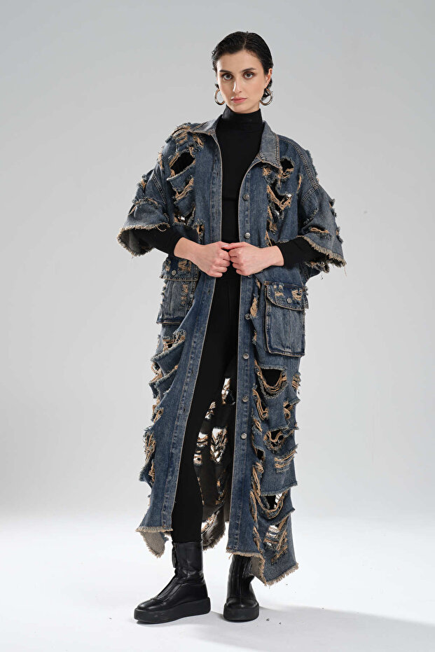 Women's Ripped Detail Button-Front Long Jacket