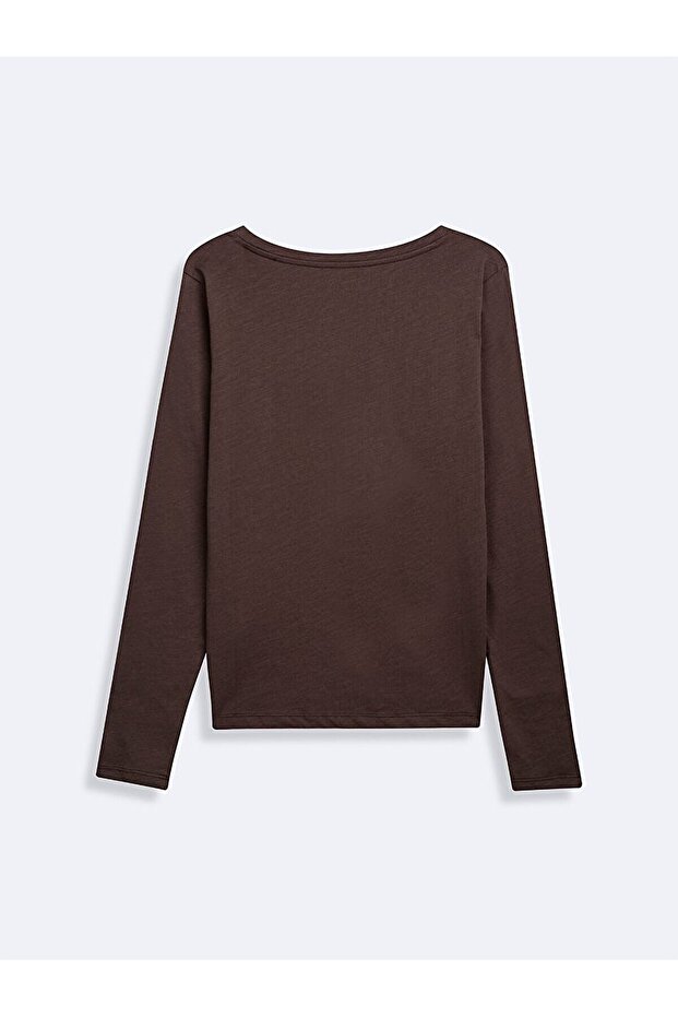 Long Sleeve V-Neck Basic Brown Sweatshirt - 2