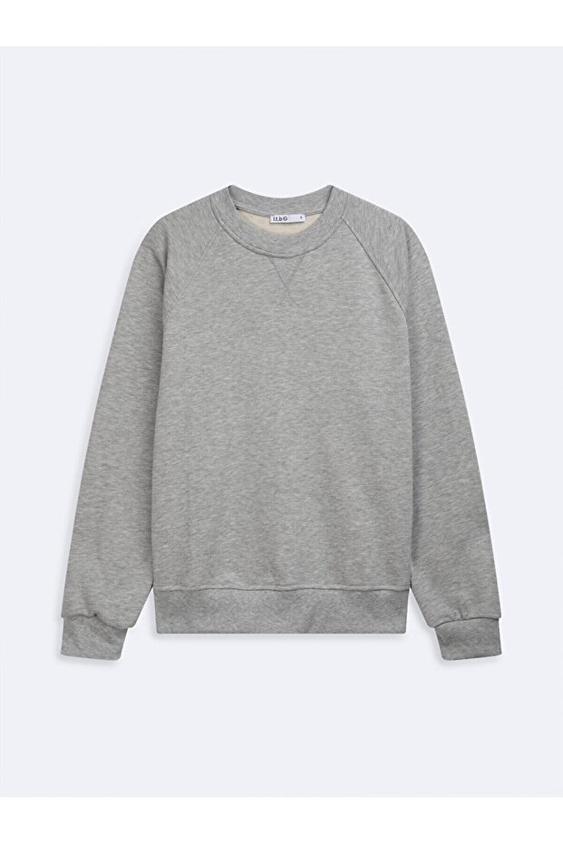 Uzun Kollu Sıfır Yaka Basıc Gri Sweatshırt - 2