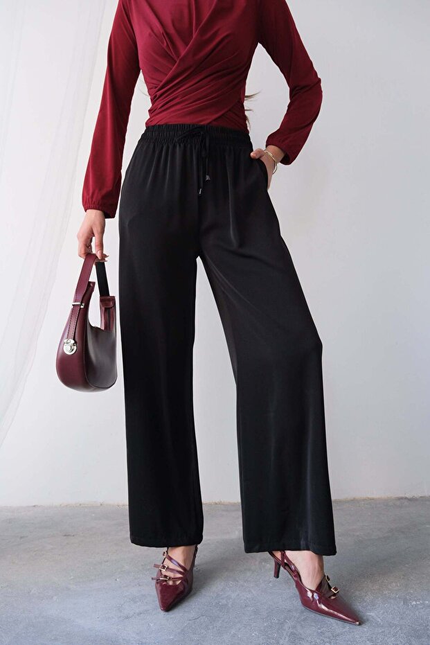 Relaxed Fit Rope Lace Wide Leg P Palazzo Pants 4316 - Black
