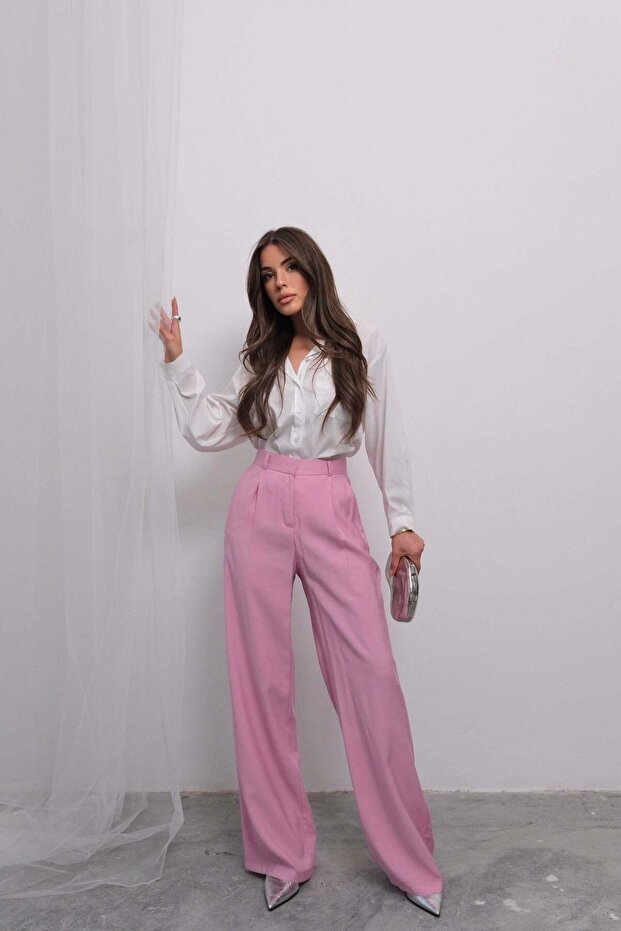 Relaxed Fit High Waist Flowy Double Leg Pants 4318- Pink