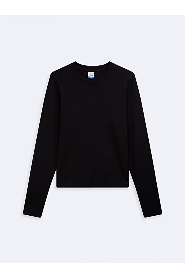 Uzun Kollu Sıfır Yaka Basıc Siyah Sweatshırt - 2