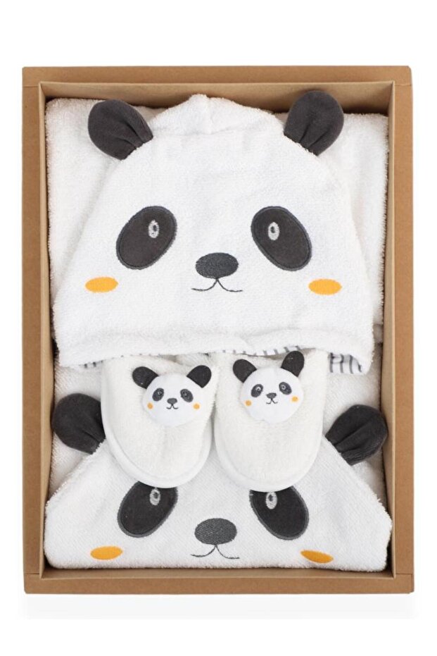 Panda Patterned Boxed Bathrobe Set 100% Cotton - 5