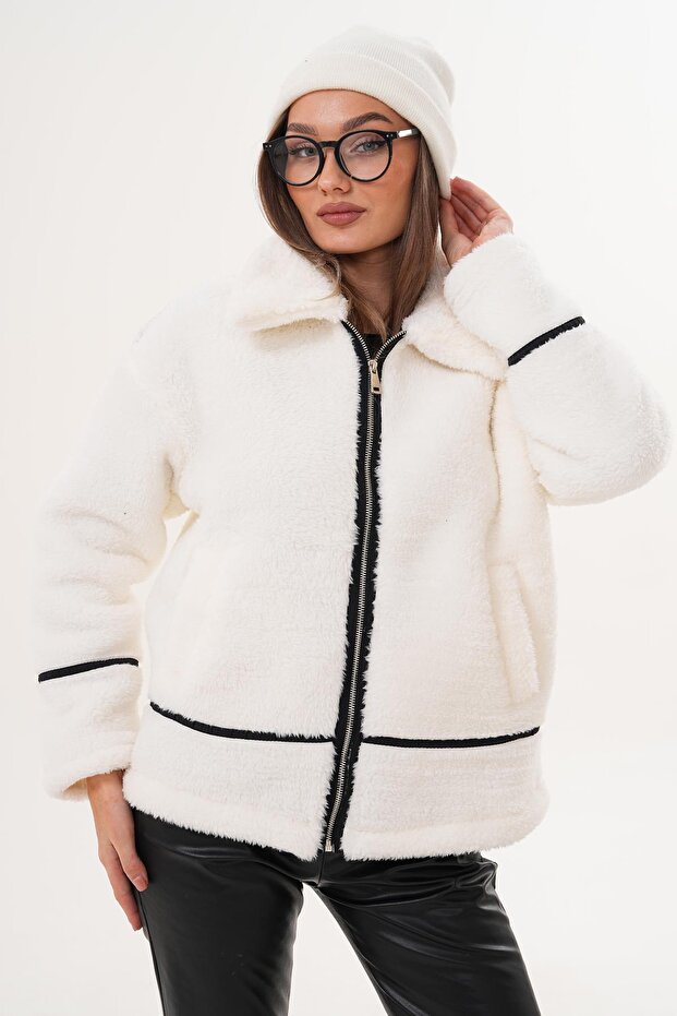 Women's Stripe Detailed Zipper Closure Plush Jacket 255125 - 265148