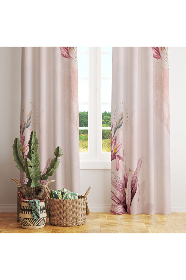 Single Panel Background Curtain with Tulip and Lily Flower Pattern on Pink Background 140X260 cm - 3