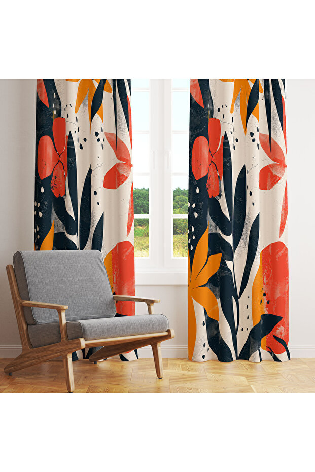 Modern Background Curtain with Orange and Red Tropical Floral Pattern on Black Background – 140X260