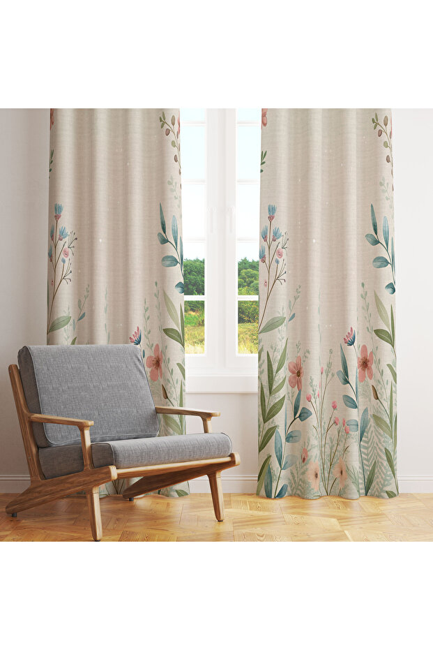 Light Beige Wild Floral Botanical 140X260 Single Panel Background Curtain