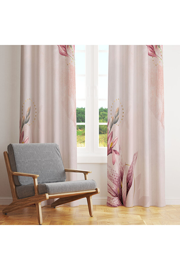 Single Panel Background Curtain with Tulip and Lily Flower Pattern on Pink Background 140X260 cm - 1