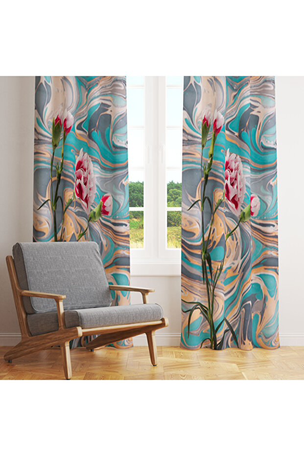 Turquoise Marble Patterned Carnation Flower Single Wing Background Curtain 140X260 cm