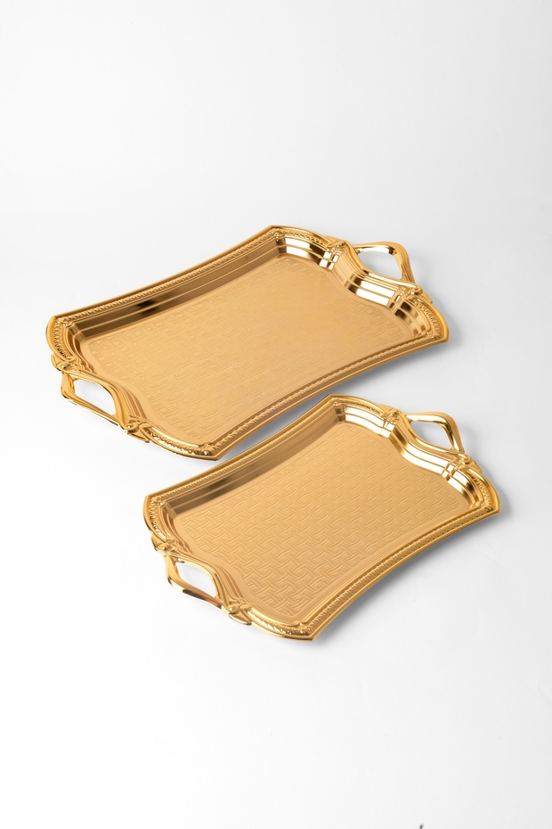 Set of 2 Stainless Steel Gold Trays – Patterned Serving and Presentation Tray, Anti-Tarnish, Colorfast