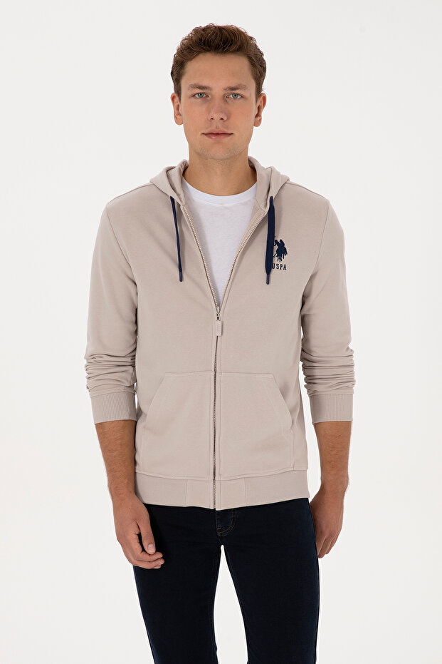Men's Regular Fit Zippered Hooded Stone Knitted Cardigan 50307765-Vr049