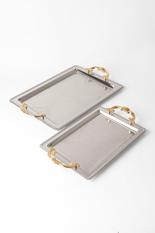 Set of 2 Stainless Steel Silver Trays – Rectangular Patterned Serving and Presentation Tray, Anti-Tarnish, Fade-Resistant