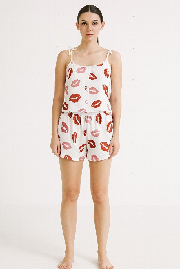 Lips Suspender Shorts Set