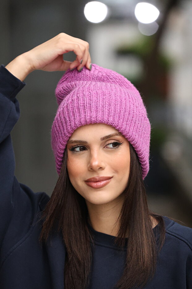 Women's Pink Soft Textured Ribbed Knit Winter Beanie