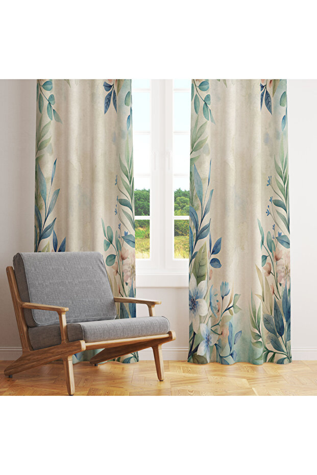 Light Beige Blue Green Watercolor Botanical 140X260 Single Wing Background Curtain