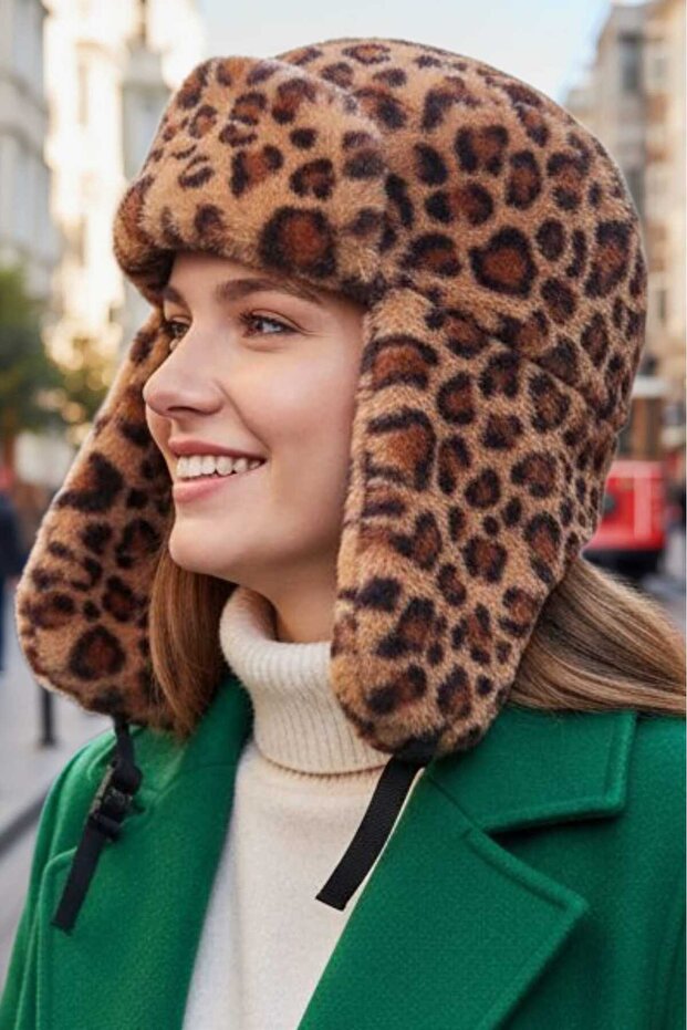 Women's Leopard Patterned Plush Kalpak Pilot Hat