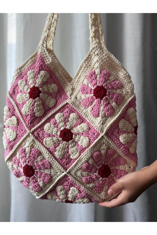 Retro Pink Flower Hand Knitted Motif Shoulder Bag